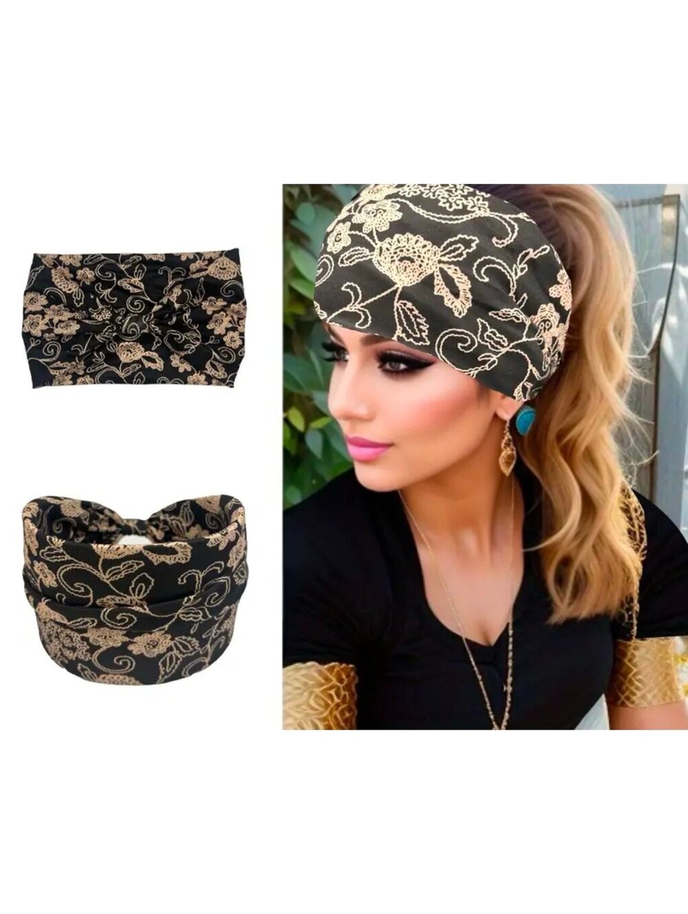 New - Thick Boho Chic Headband - Khaki /Black